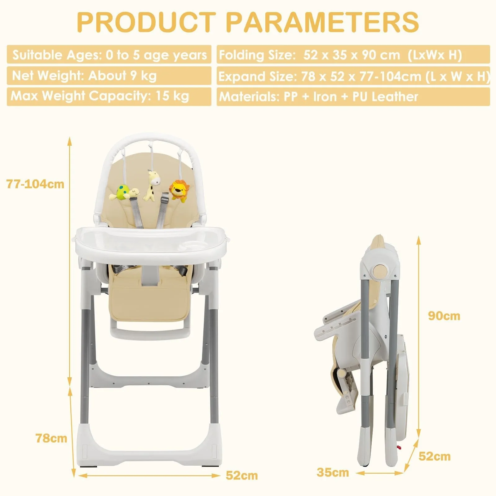 4-in-1 Foldable Baby High Chair with 7 Adjustable Heights and 4 Reclining Angles-Beige