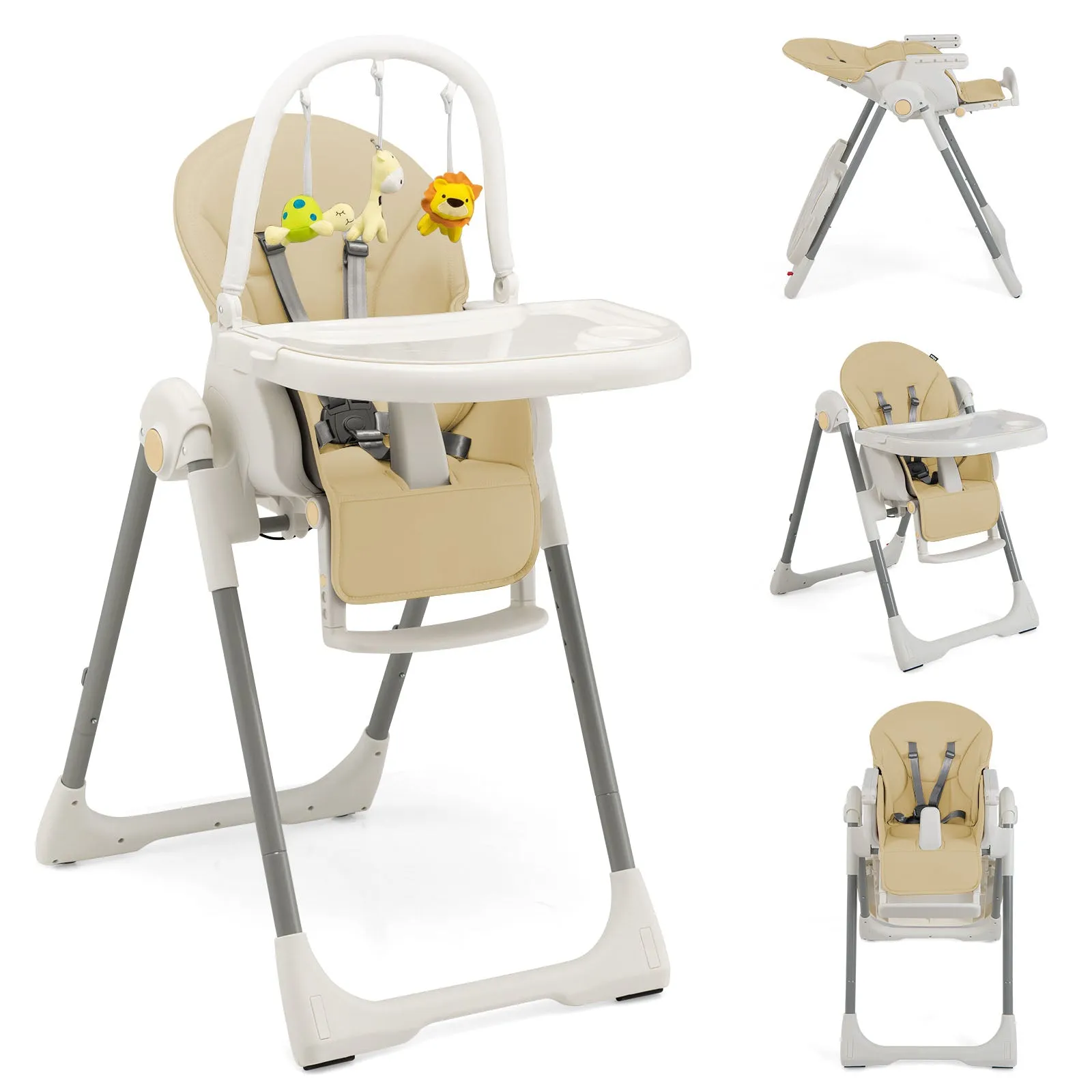 4-in-1 Foldable Baby High Chair with 7 Adjustable Heights and 4 Reclining Angles-Beige