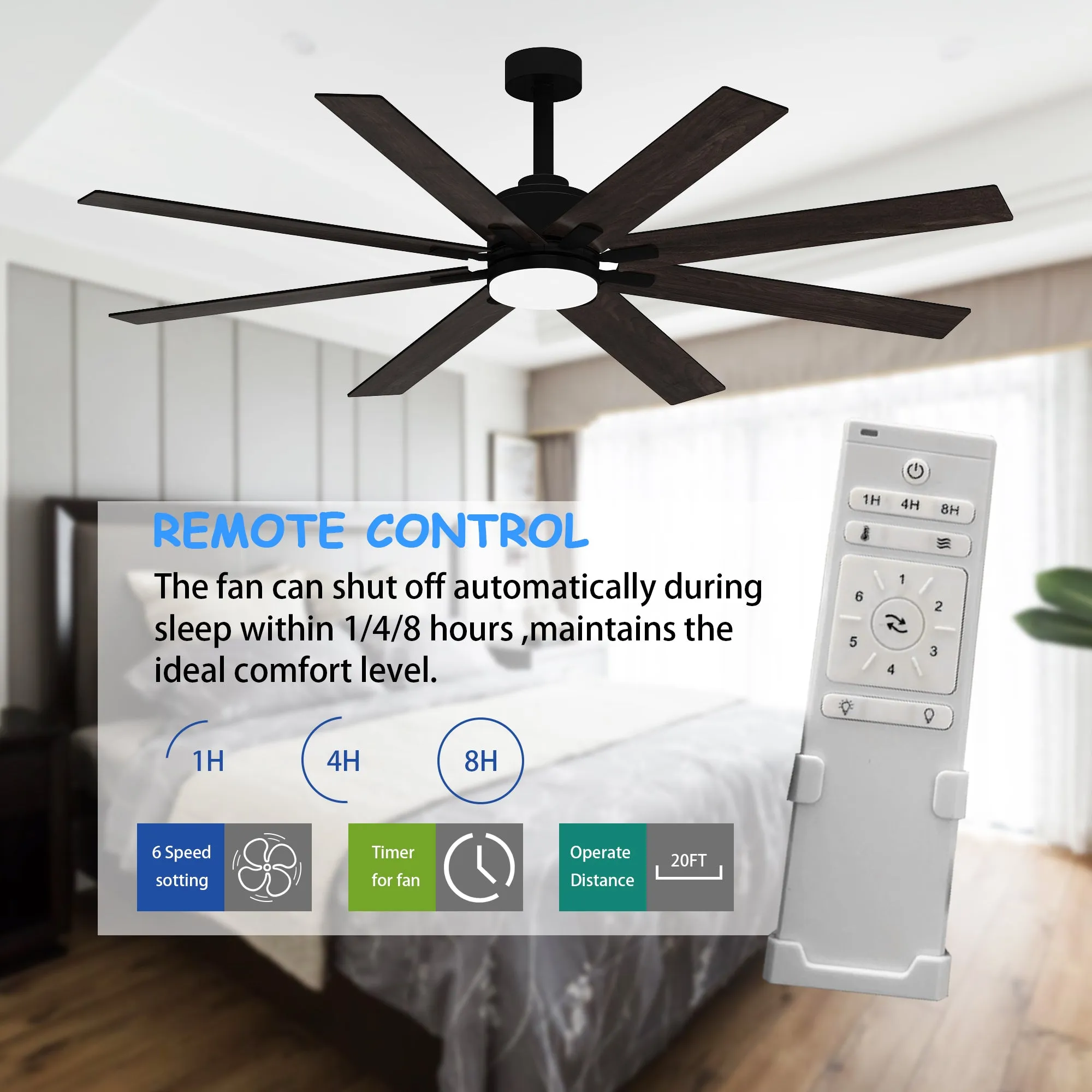 72-Inch Ceiling Fan with Dual-Tone Blades and 3-Color LED Light