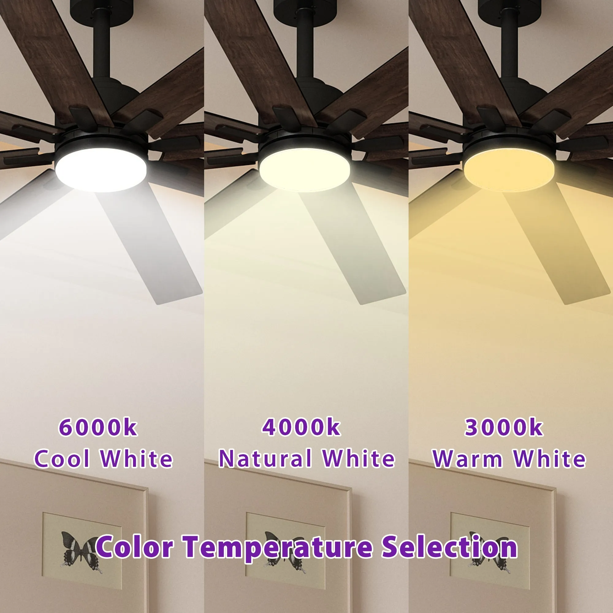 72-Inch Ceiling Fan with Dual-Tone Blades and 3-Color LED Light