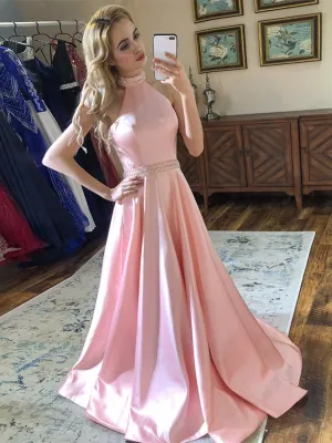 A Line Halter Neck Backless Beading Satin Long Pink Prom, Backless Pink Formal, Pink Evening