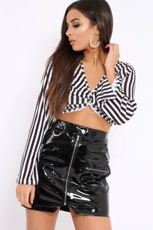 Black Stripe Knot Front Crop Top with Flare Sleeves - Jamison