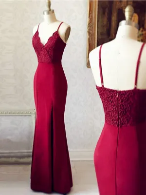 Burgundy V Neck Mermaid Backless Lace Long Prom, Burgundy Mermaid Bridesmaid, Burgundy Formal