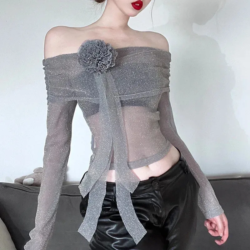 Club Femme Splice Sexy Slim Crop Through Party Shirt Flower See Shiny Long Fashion Sleeve Lady Mesh Top