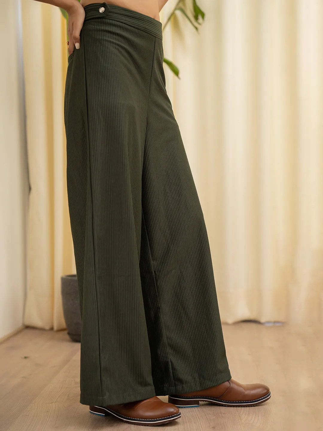 Corduroy Dark Green High Waist Pants