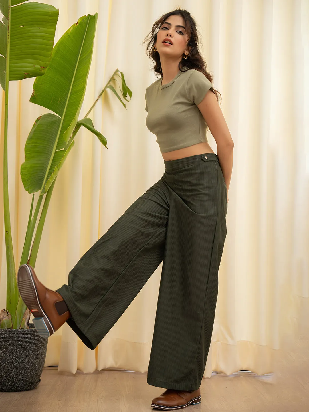 Corduroy Dark Green High Waist Pants