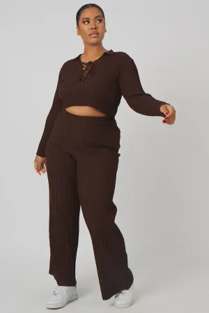 Curve Ribbed Knitted Wide Leg Trousers Chocolate