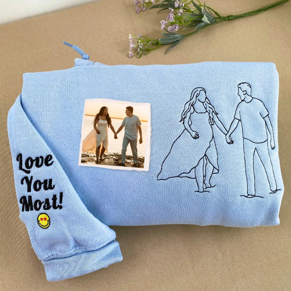 Custom Embroidered Photo Portrait Couple Hoodie or Sweatshirt, Personalized Gift for Him Her