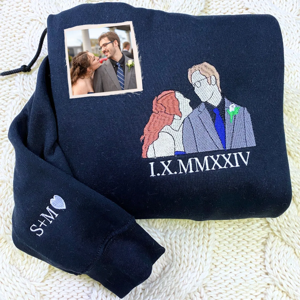 Custom Embroidered Photo Portrait Couple Hoodie or Sweatshirt, Personalized Gift for Him Her