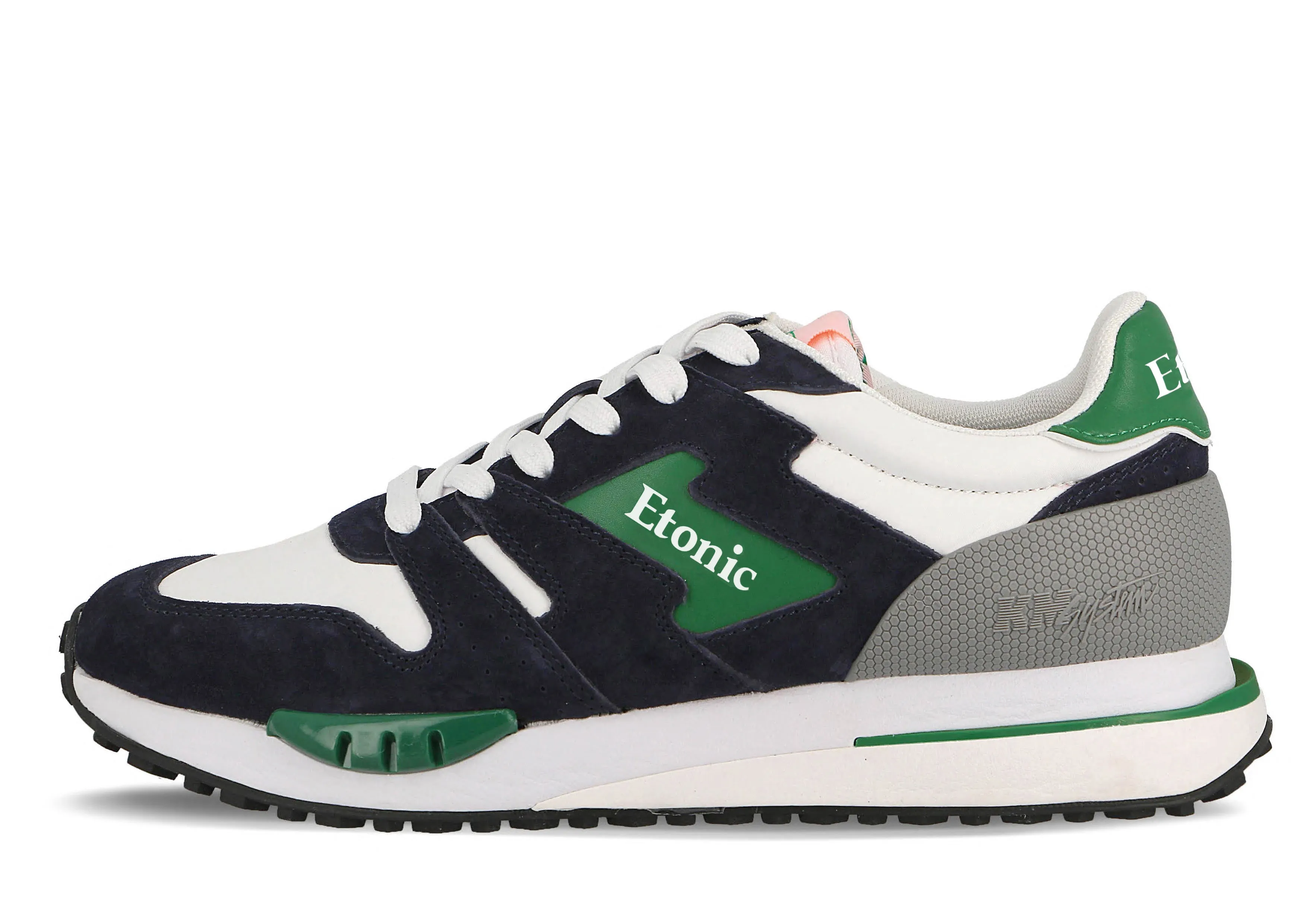 Etonic Quazar runners in white nylon fabric and dark blue suede with green leather inserts