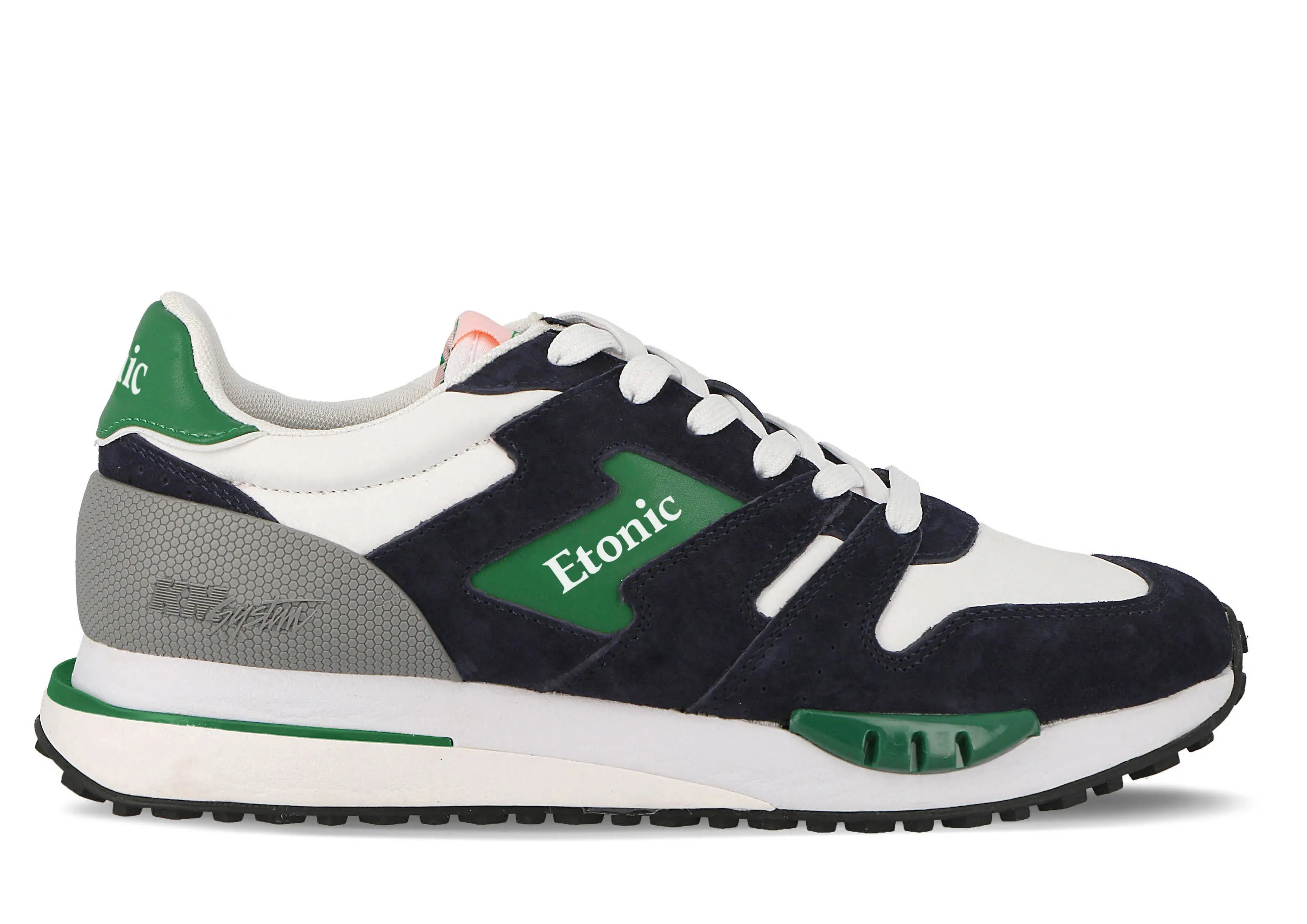 Etonic Quazar runners in white nylon fabric and dark blue suede with green leather inserts