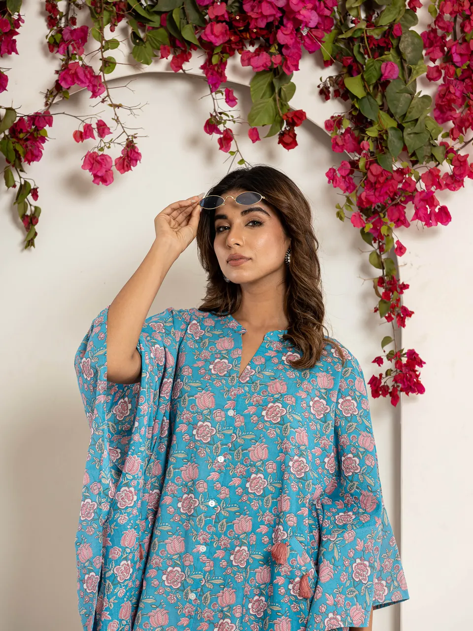 Flower sky blue kaftan Pure Cotton kaftan shirt dress