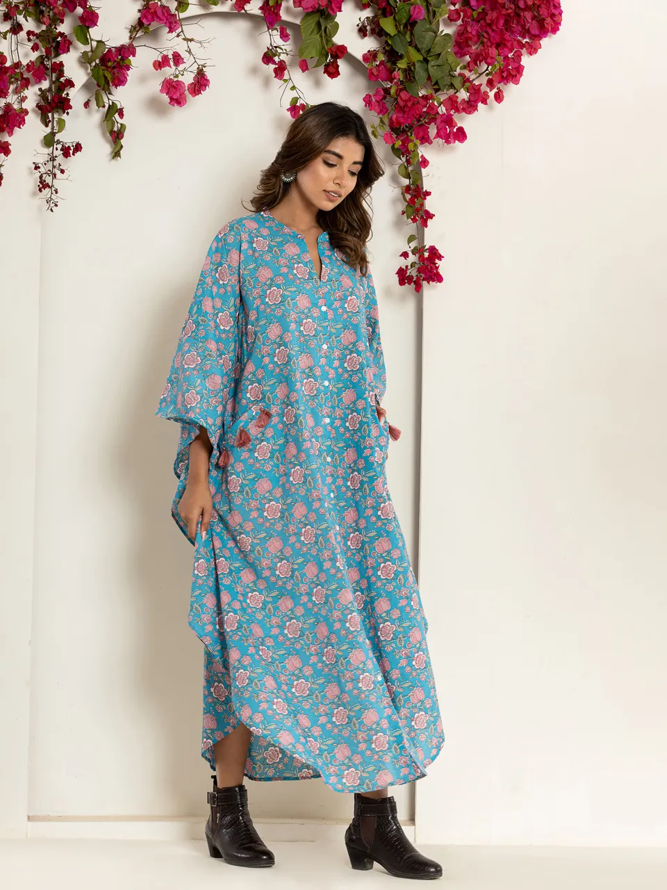 Flower sky blue kaftan Pure Cotton kaftan shirt dress