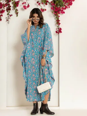 Flower sky blue kaftan Pure Cotton kaftan shirt dress