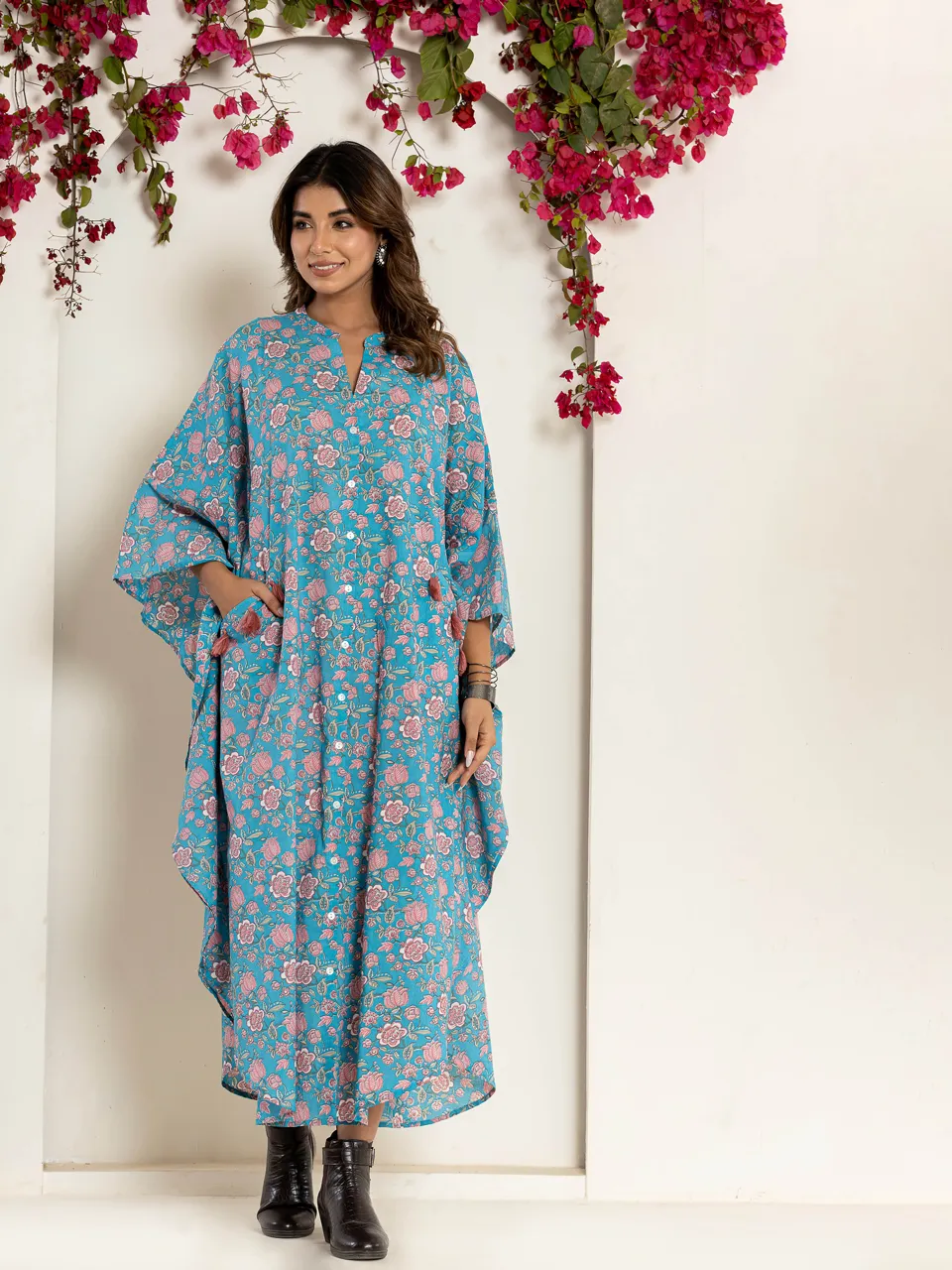 Flower sky blue kaftan Pure Cotton kaftan shirt dress