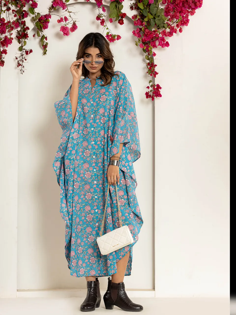 Flower sky blue kaftan Pure Cotton kaftan shirt dress