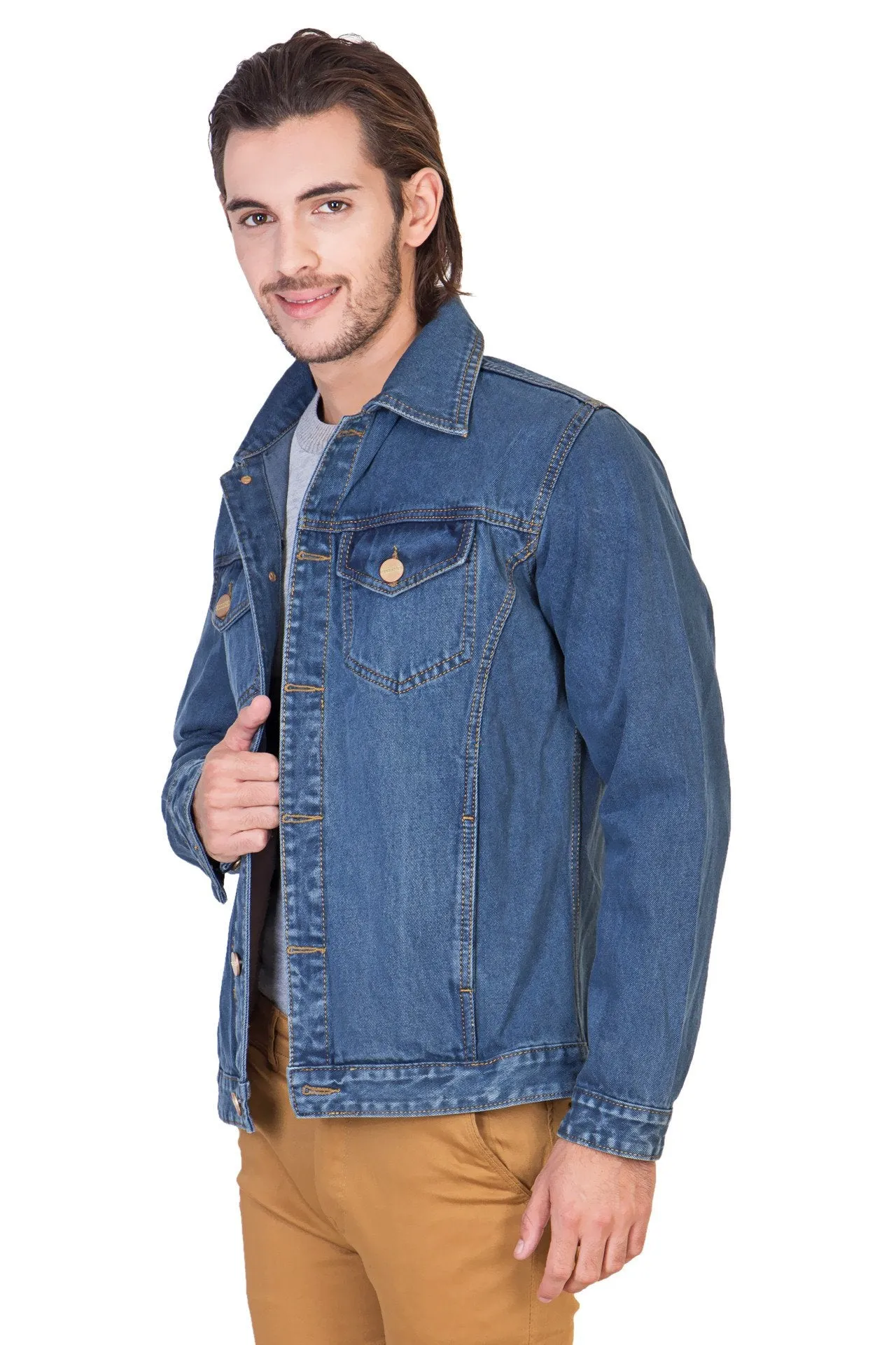 Full Sleeve Blue Men's Denim Jacket with Brass Buttons