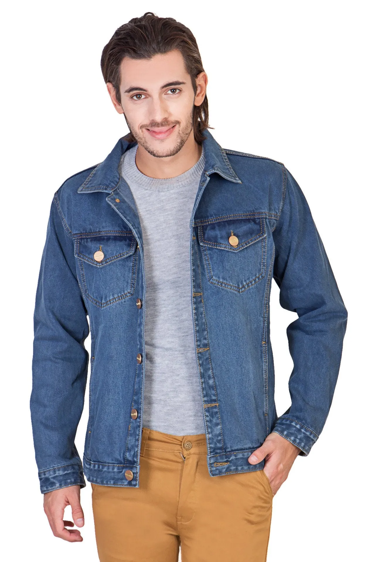 Full Sleeve Blue Men's Denim Jacket with Brass Buttons