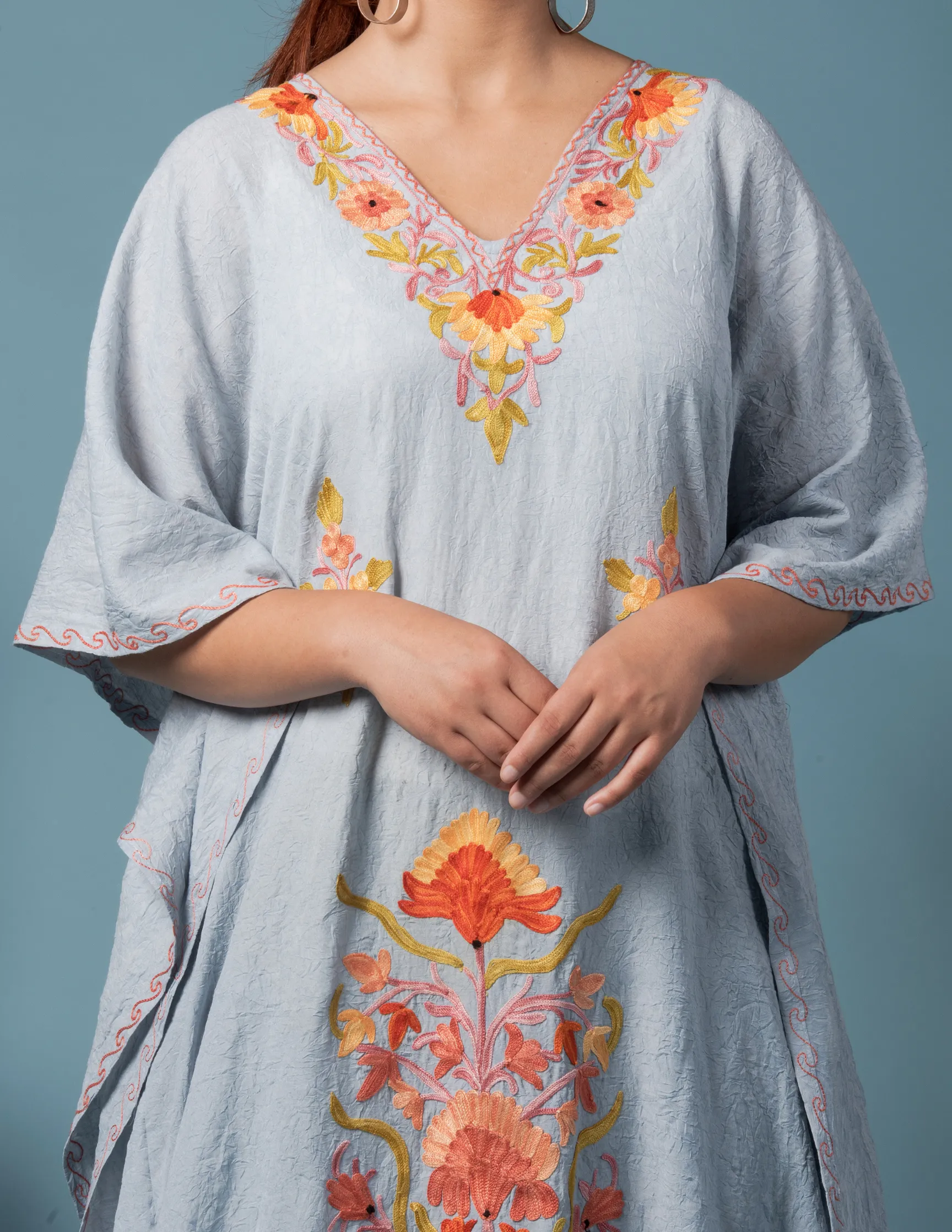 Grey Sunflower Aari Embroidered Summer Cotton Kaftan