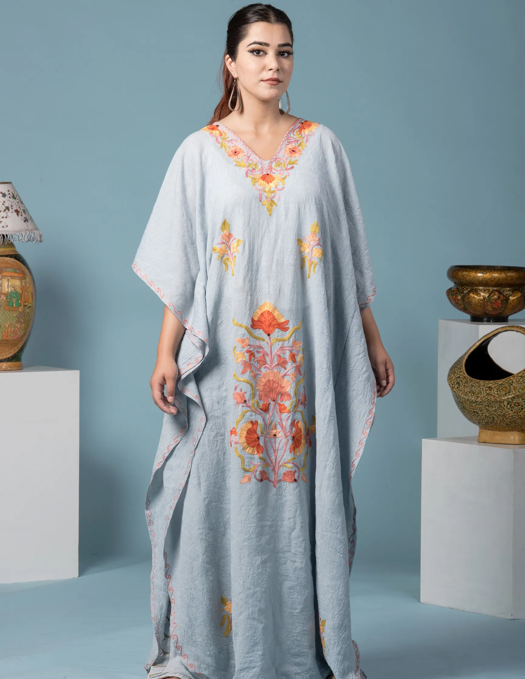 Grey Sunflower Aari Embroidered Summer Cotton Kaftan