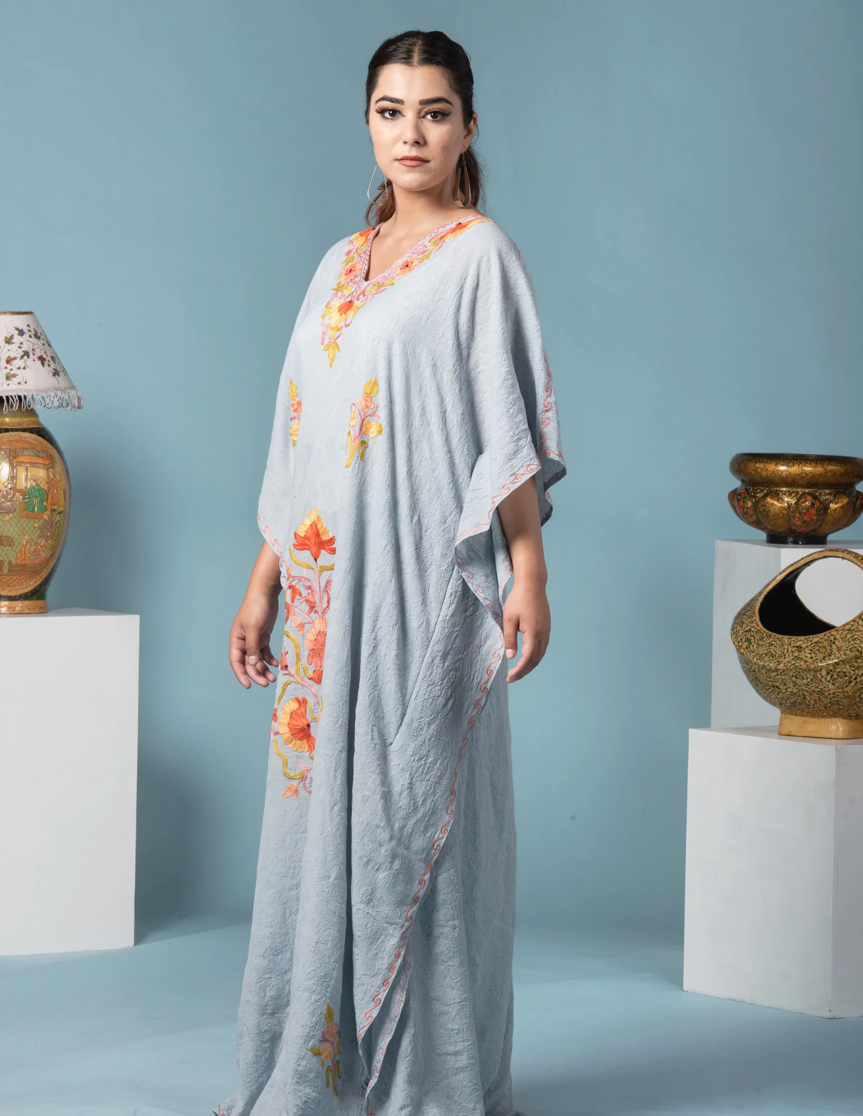 Grey Sunflower Aari Embroidered Summer Cotton Kaftan