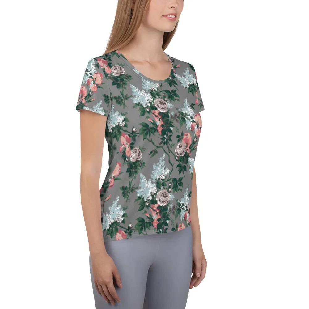 J'Adore Grey Bella Roses Print Women's Athletic T-shirt | Pinup Couture Relaxed