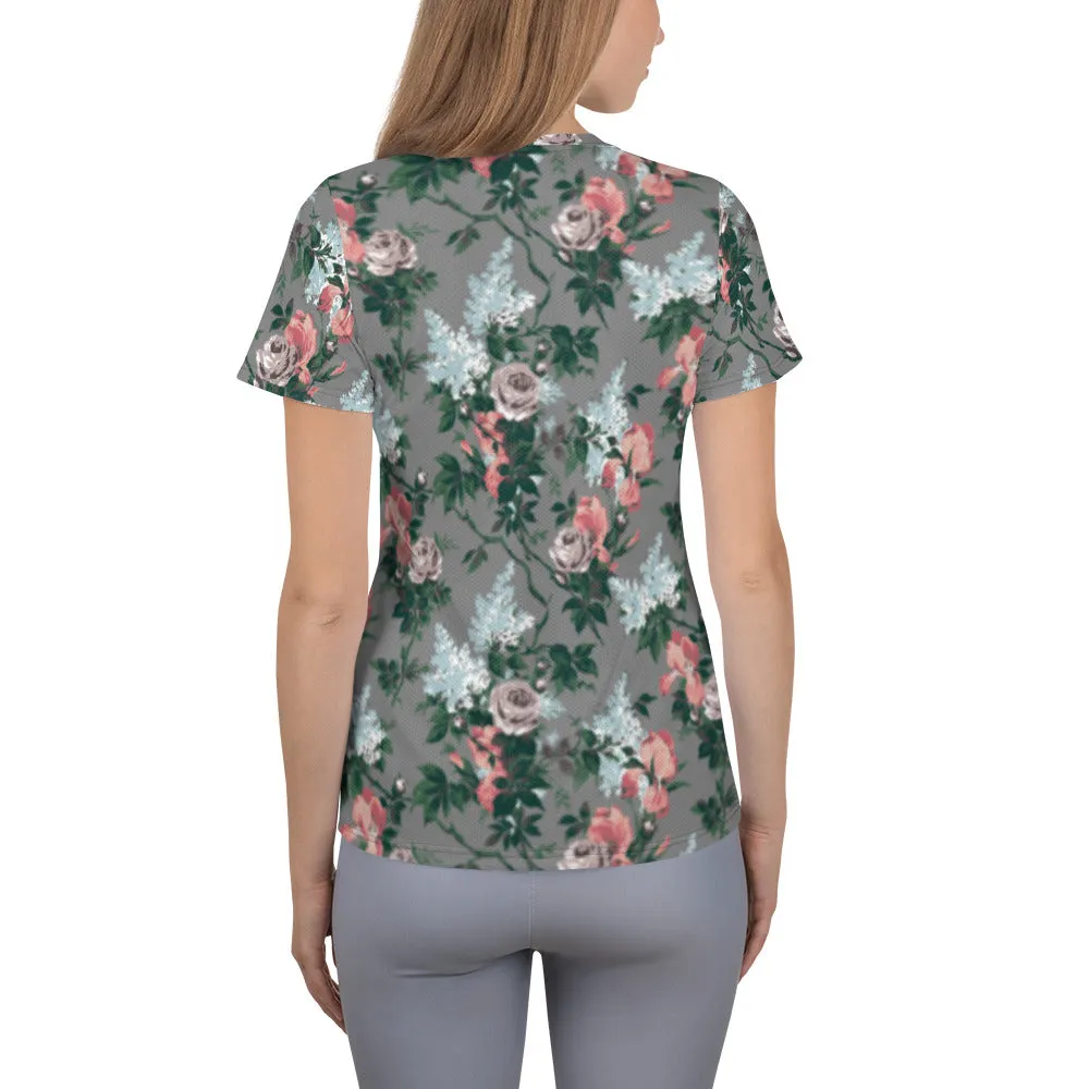 J'Adore Grey Bella Roses Print Women's Athletic T-shirt | Pinup Couture Relaxed