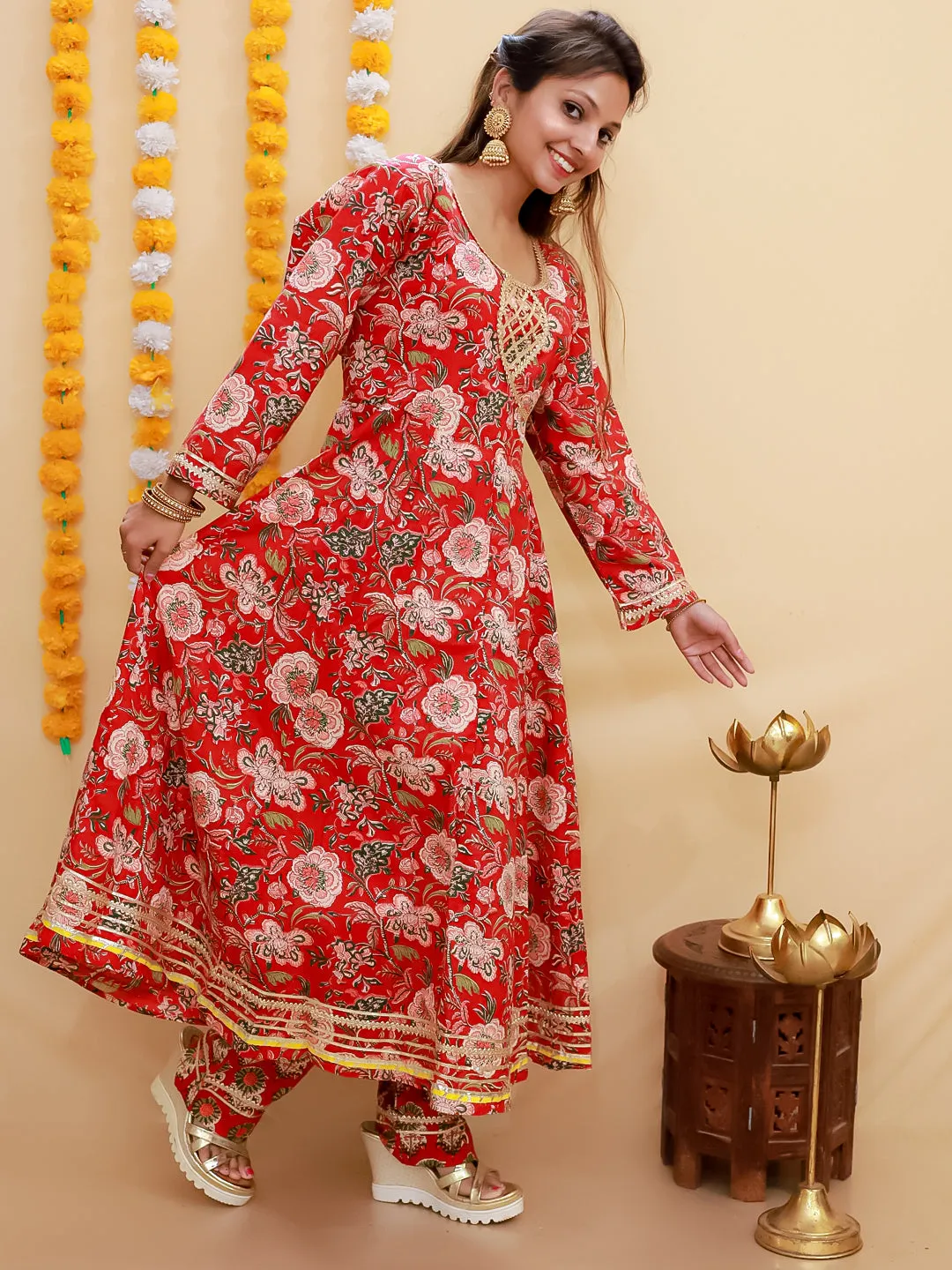 Maroon Block Print Anarkali Kurta Set