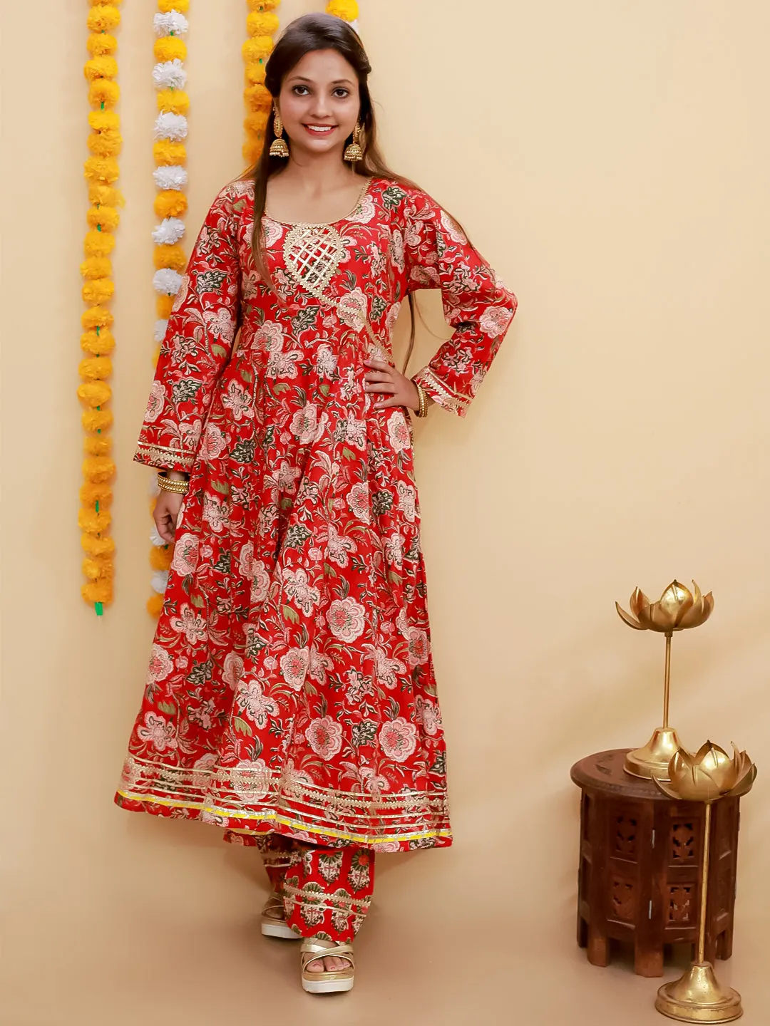 Maroon Block Print Anarkali Kurta Set