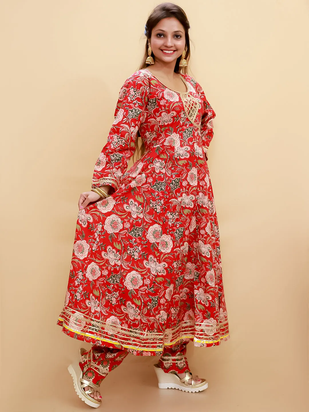 Maroon Block Print Anarkali Kurta Set