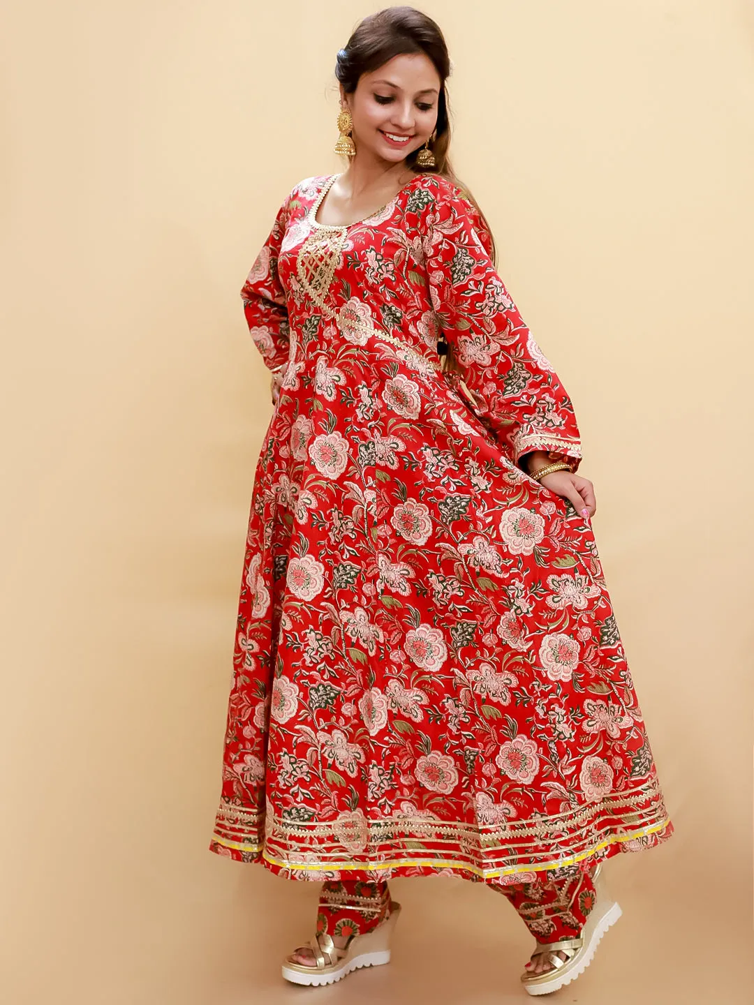 Maroon Block Print Anarkali Kurta Set