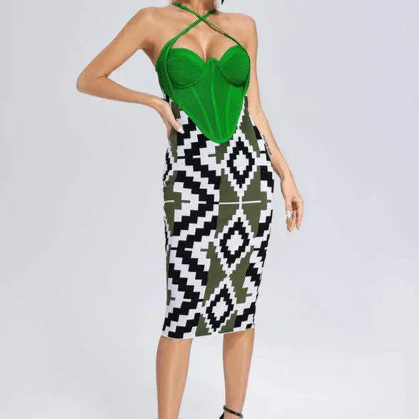 Marsha Cross Neck Corset Geometry Bandage Midi Dress