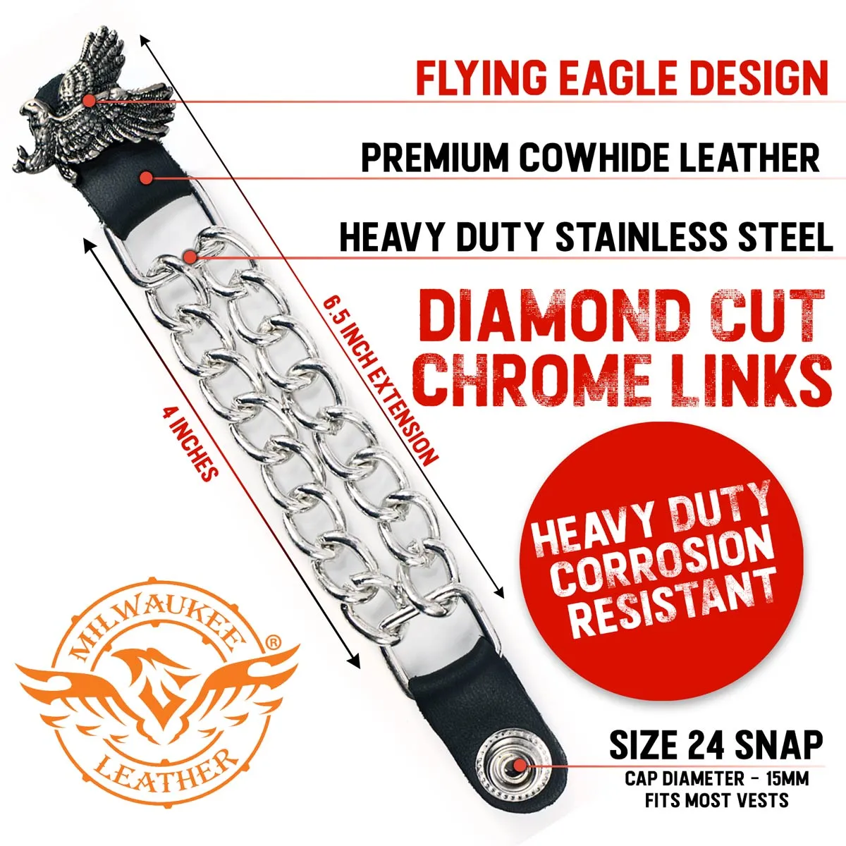 Milwaukee Leather Flying Eagle Medallion Vest Extender - Double Chrome Chains Genuine Leather 6.5" Extension MLA1003-Single