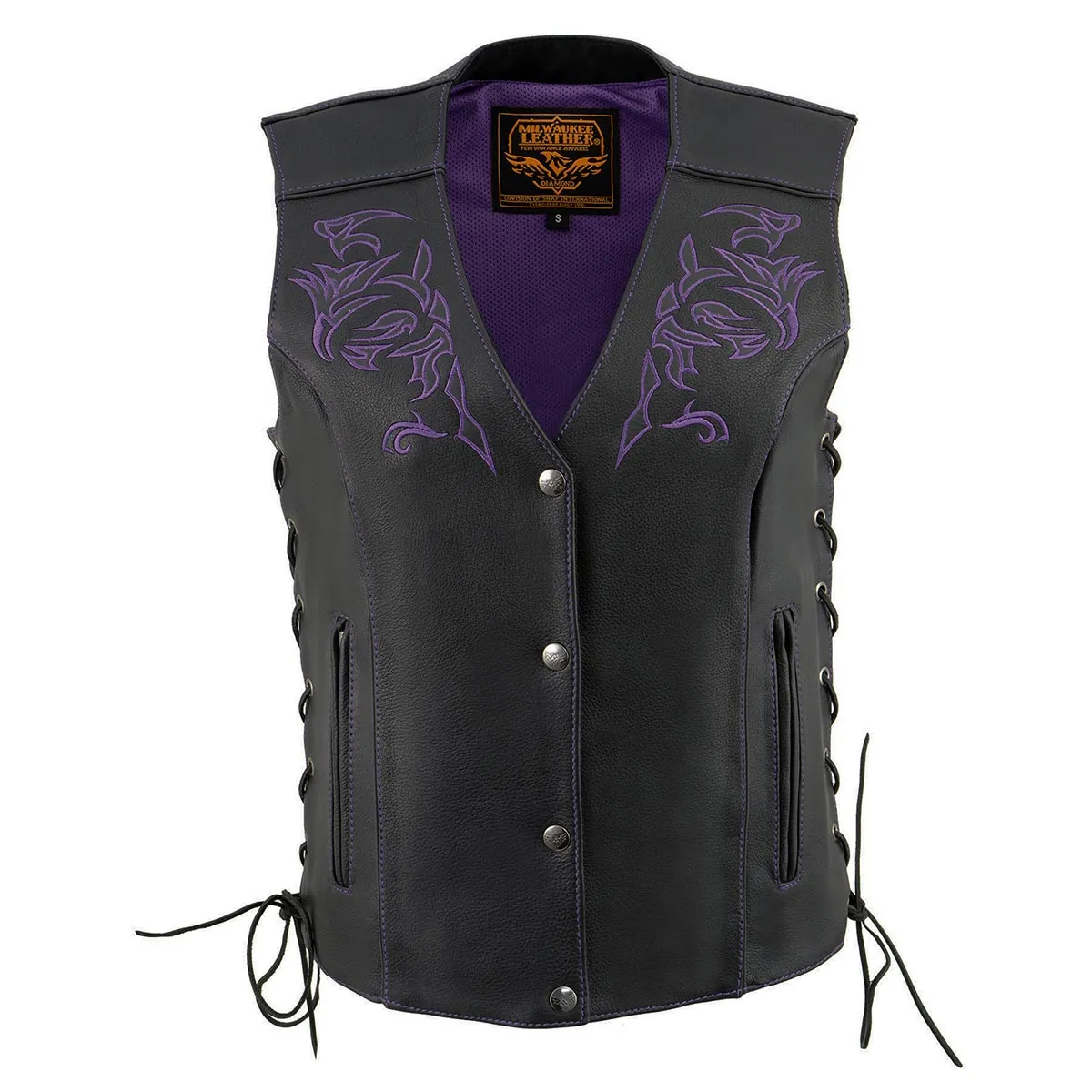 Milwaukee Leather ML1296 Women's Black/Purple Leather Side Laced Motorcycle Vest w/ Reflective Tribal