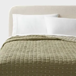 New - King Yarn Dye Crinkle Grid Quilt Moss Green - Threshold: Cotton Percale, Midweight, Machine Washable, OEKO-TEX Certified