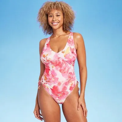 New - Shade & Shore Women's High Leg One Piece Swimsuit Medium Coverage, Floral XS