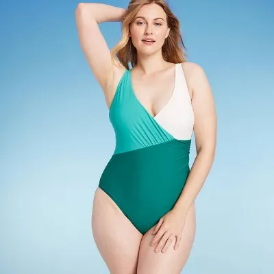 New - Women's Front Wrap Colorblock Full Coverage One Piece Swimsuit - Shade & Shore