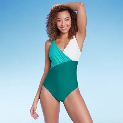 New - Women's Front Wrap Colorblock Full Coverage One Piece Swimsuit - Shade & Shore