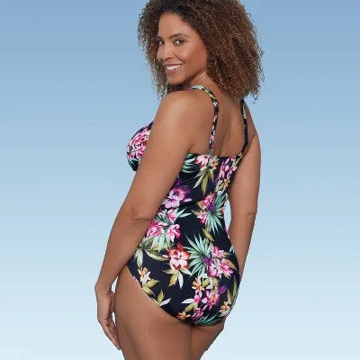 New - Women's UPF 50 V-Neck Ruched One Piece Swimsuit - Shape   Style by Aqua Green Multi Floral Print 8