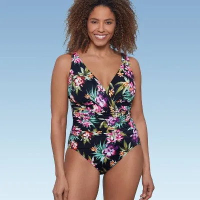 New - Women's UPF 50 V-Neck Ruched One Piece Swimsuit - Shape   Style by Aqua Green Multi Floral Print 8