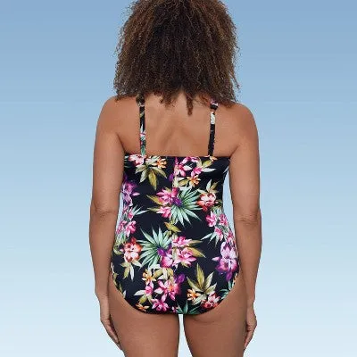 New - Women's UPF 50 V-Neck Ruched One Piece Swimsuit - Shape   Style by Aqua Green Multi Floral Print 8