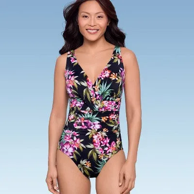 New - Women's UPF 50 V-Neck Ruched One Piece Swimsuit - Shape   Style by Aqua Green Multi Floral Print 8