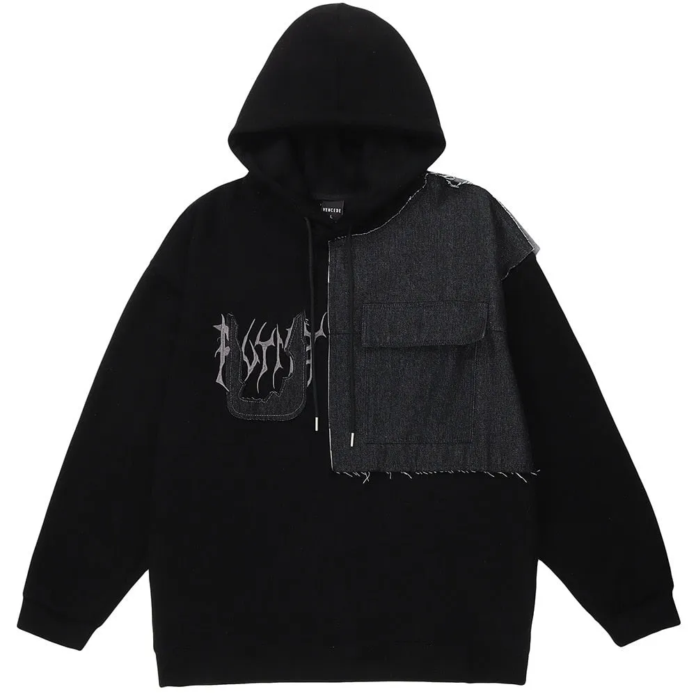 Patch Sweatshirts Hoodie Men Letter Embroidery Oversized Techwear Function Pullover Hip Hop Streetwear Hoodies Black