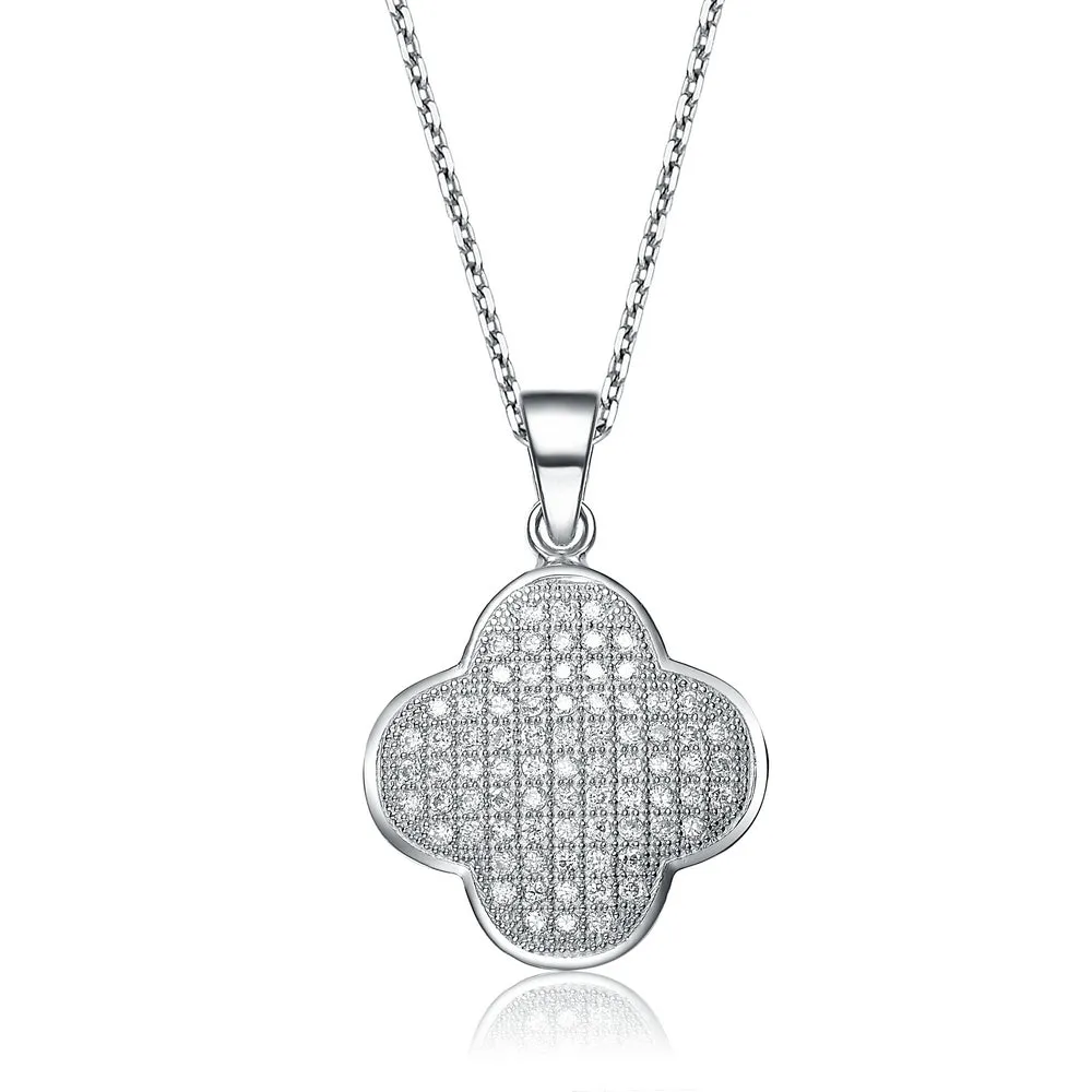 Sterling Silver Cubic Zirconia White Gold Plated Micro Pave Flower Shape Drop Pendant