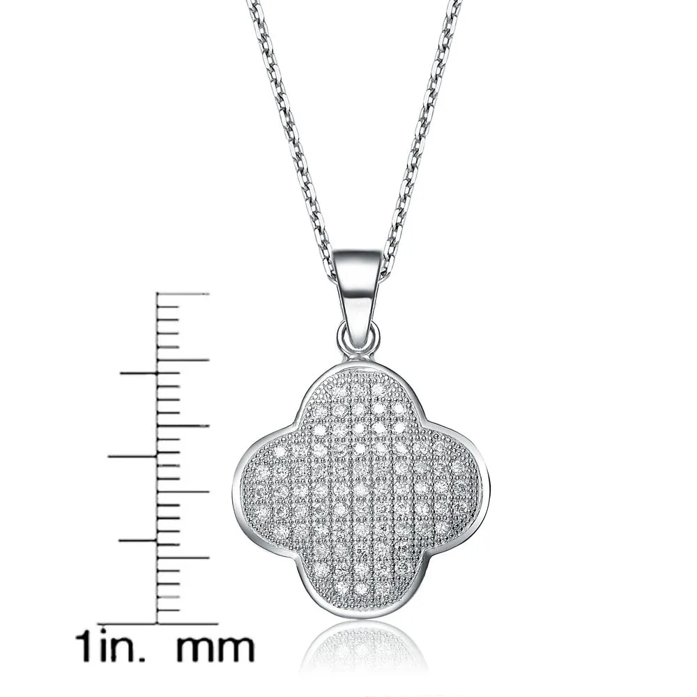 Sterling Silver Cubic Zirconia White Gold Plated Micro Pave Flower Shape Drop Pendant