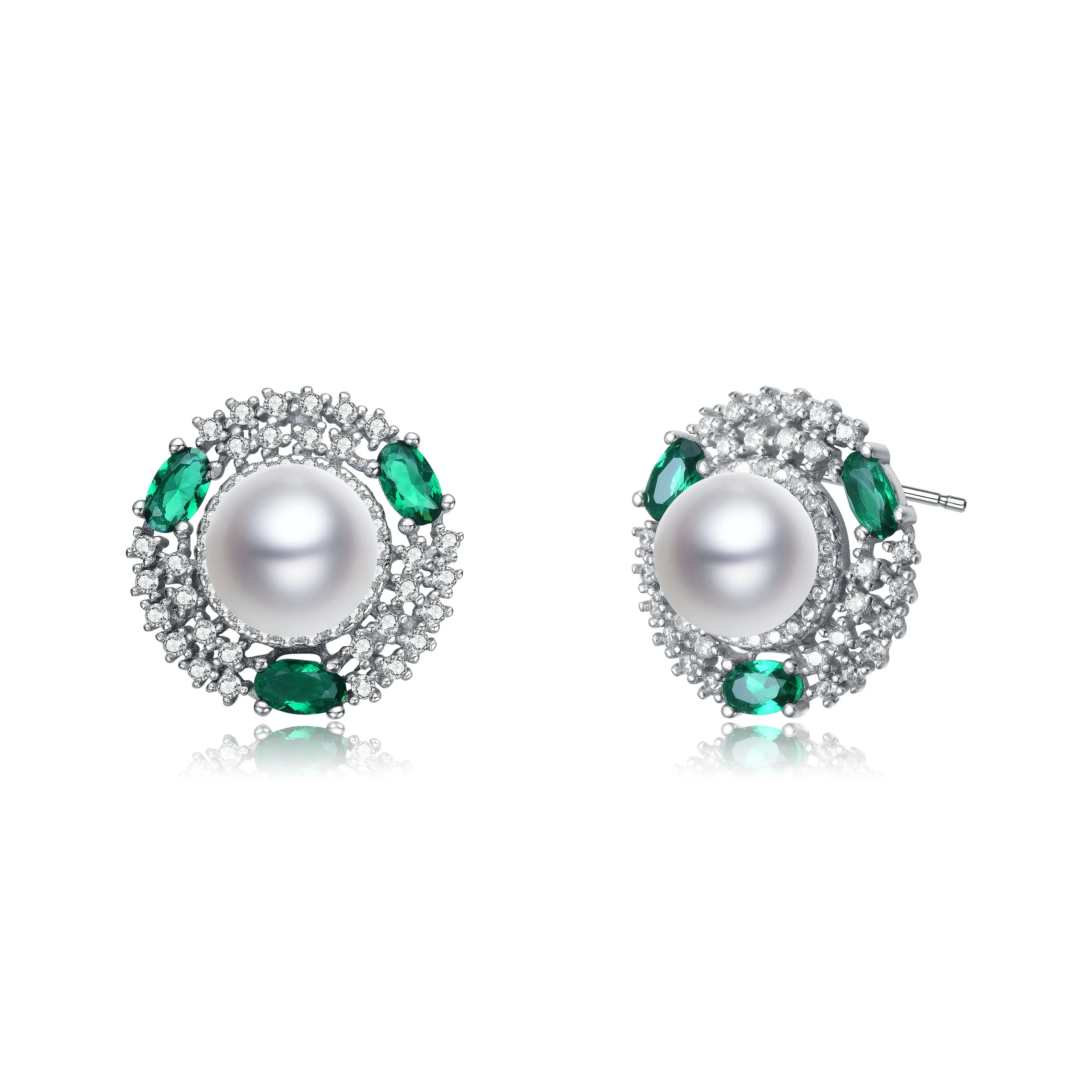 Sterling Silver Pearl Emerald Cubic Zirconia and Rhodium Plating Stud Earrings