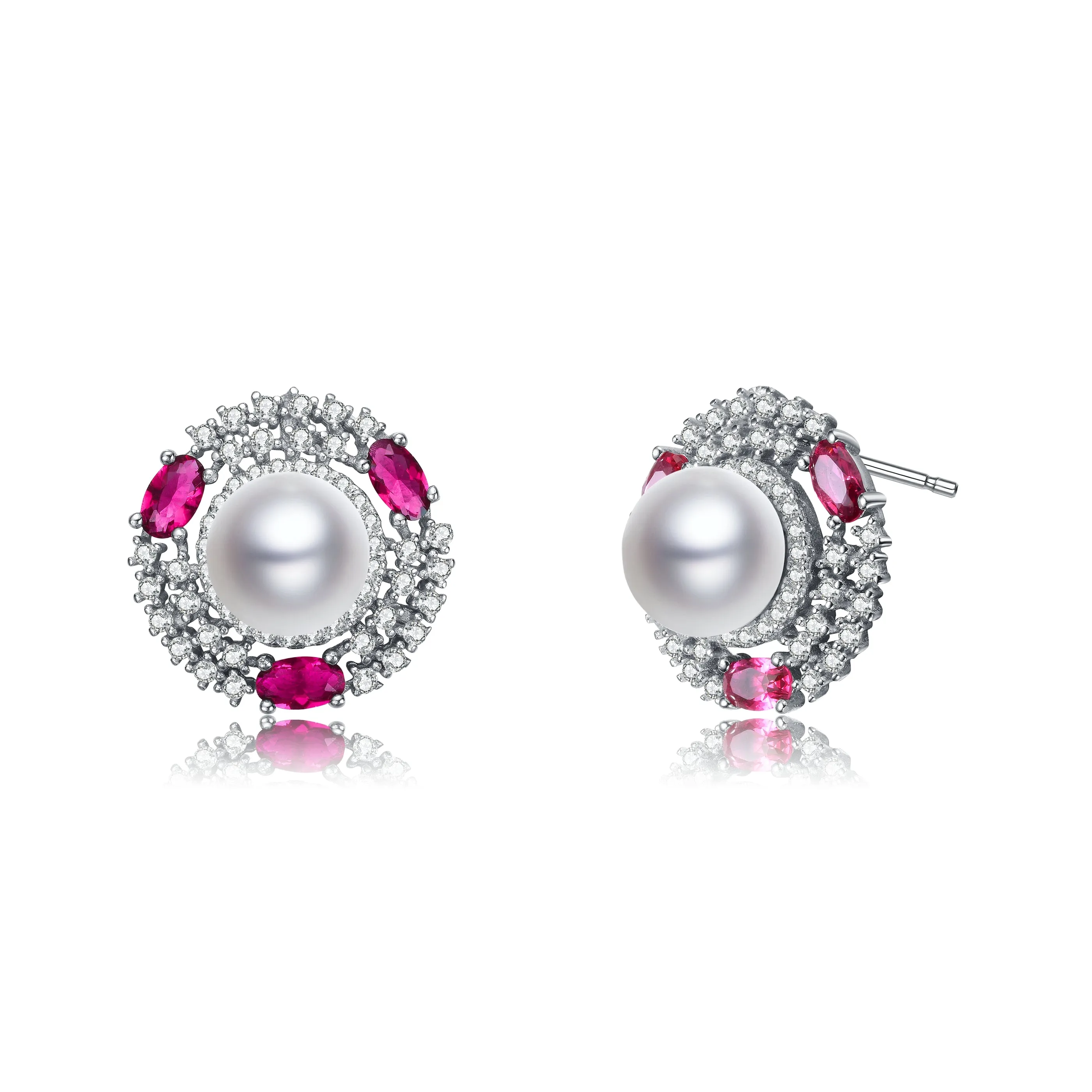 Sterling Silver Pearl Emerald Cubic Zirconia and Rhodium Plating Stud Earrings