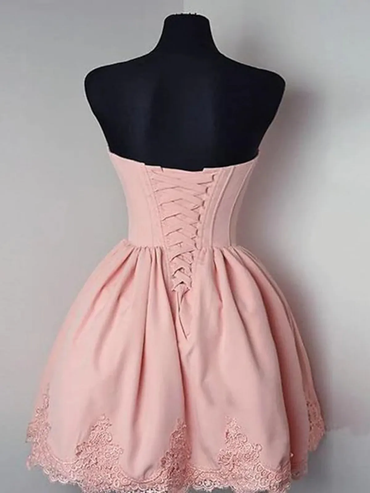 Strapless Sweetheart Neck Pink Lace Prom Dresses, Short Pink Homecoming Dresses, Pink Lace Formal Evening Dresses