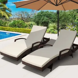 Two Sun Lounge Outdoor Furniture Day Bed Set - Rattan Wicker Lounger Patio Brown