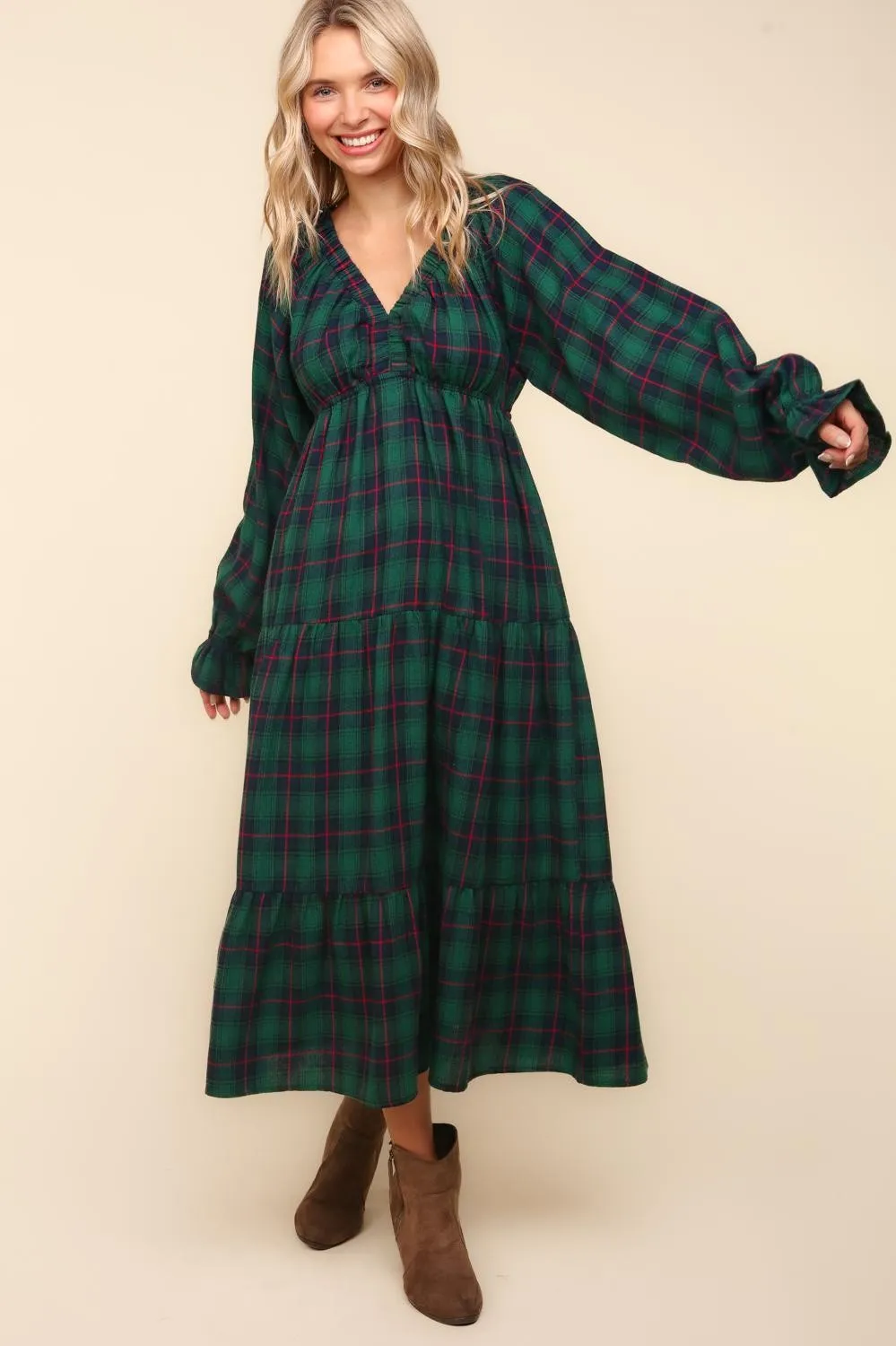 Winter Plaid Long Sleeve Maxi Dress - Hunter Green